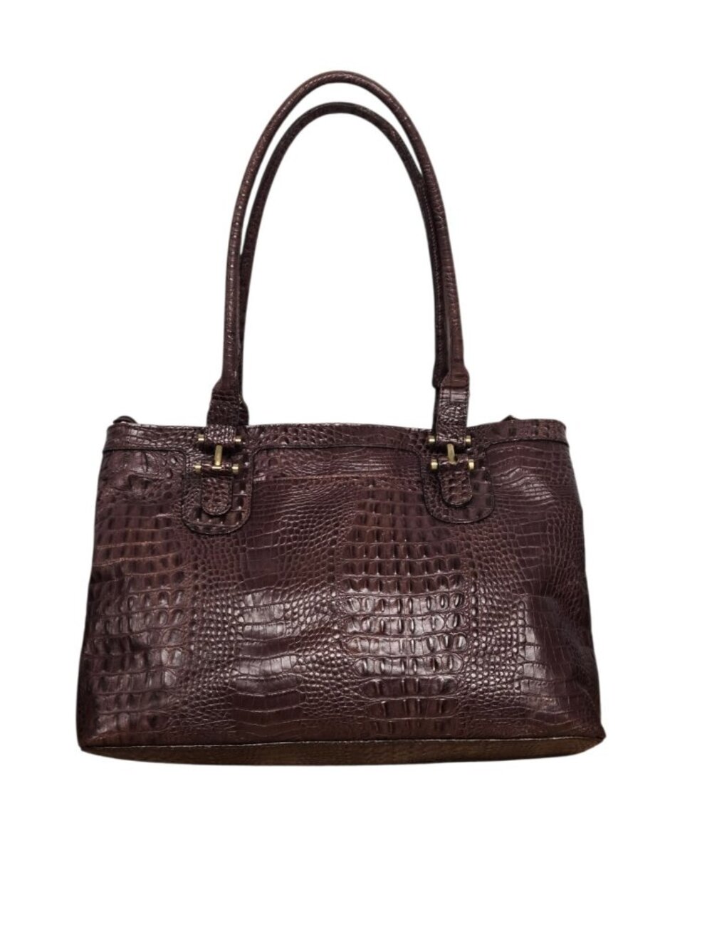 Etienne Aigner Croc Embossed Leather Double Handle Shoulder Bag Dark Brown - Picture 2 of 11